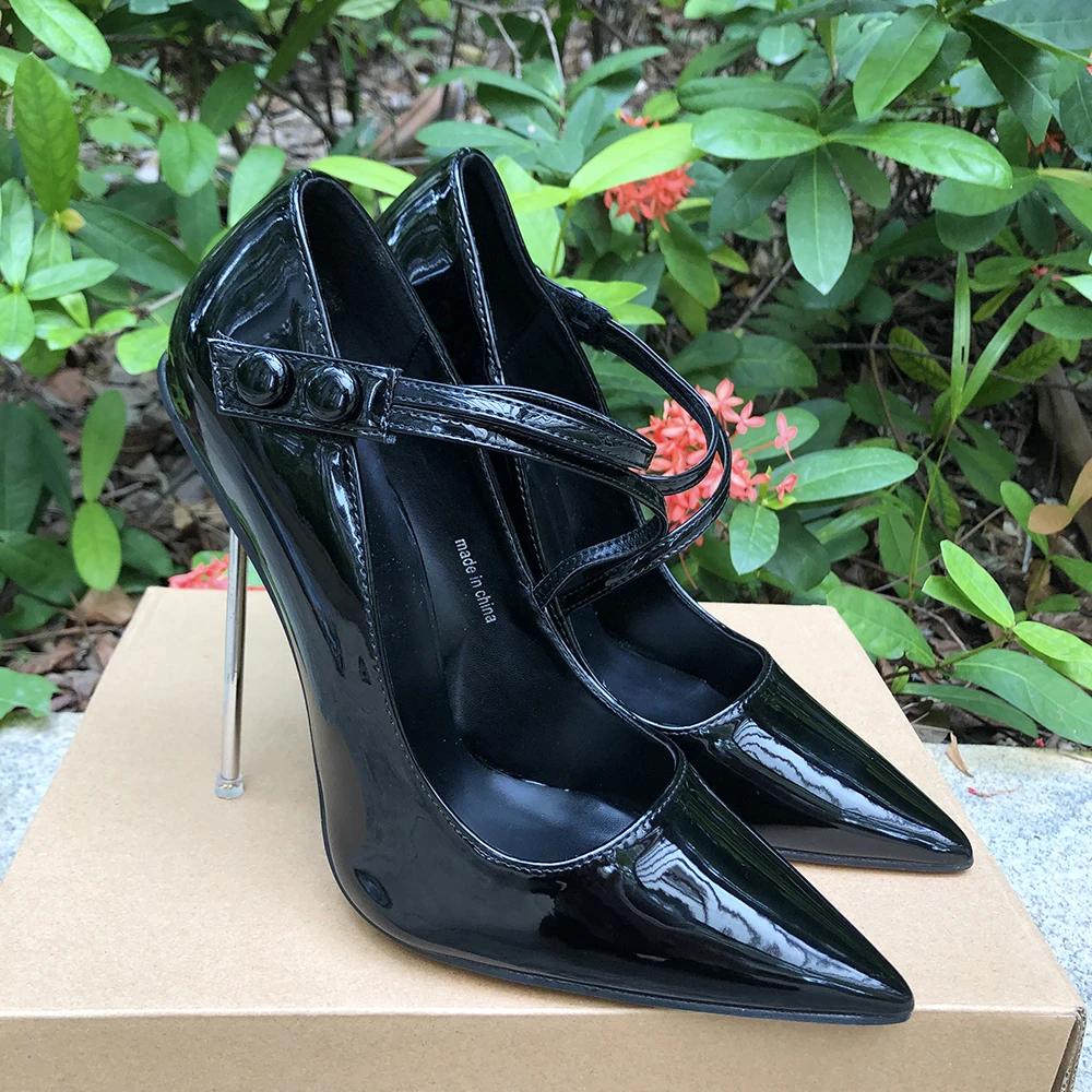 Women Pointy Toe Instep Strap 12cm Thin High Heels Sexy Black Stiletto Pumps for Party Cross Dresser Fetish Unisex Shoes Size46