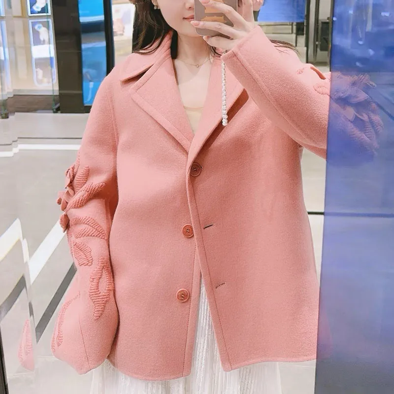 

High Quality 2025 Autumn Winter Women's Wool Coat Fashion Three-dimensional Flower Embroidery Pink Overcoat
