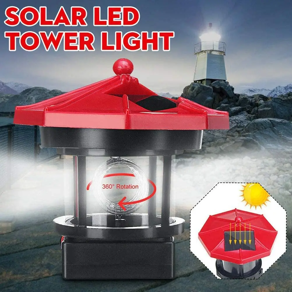 ABUH-Solar Lawn Light Solar Led Rotating Lighthouse Outdoor Waterproof Garden Courtyard Decoration (Red)