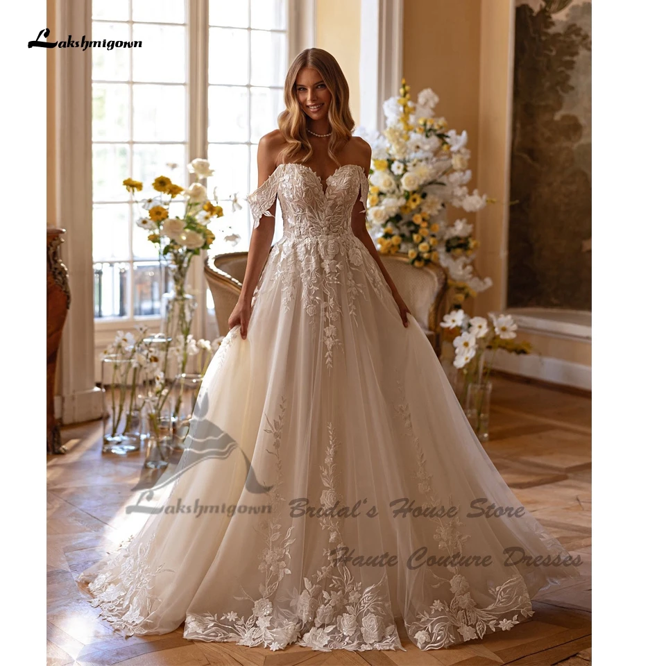 Lakshmigown Luxuriöse Spitzen-Boho-Strandhochzeitskleider 2026, schulterfreie, glitzernde Tüll-Brautkleider, lange Brautkleider mit Herzausschnitt, Vestido De Novia – Detail 6