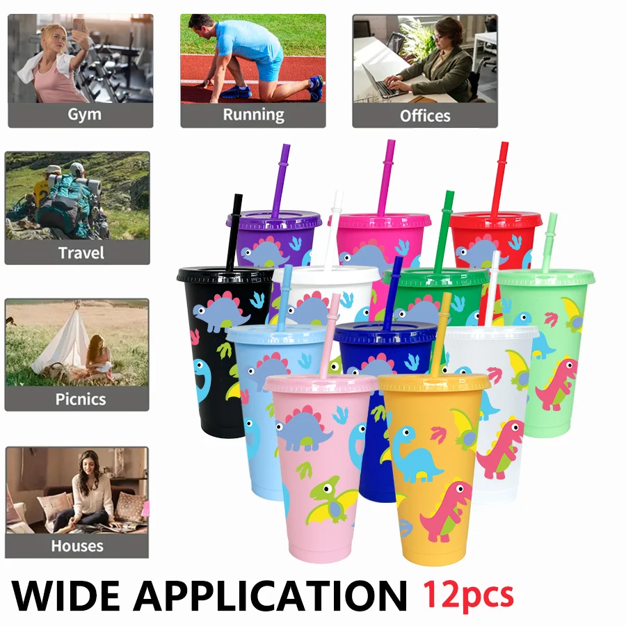 12pcs/pack Dinosaurs Footprints Leaf Patterns 26oz Colored Plastic Party Cold Cups for Back-to-school Birthday Gifts