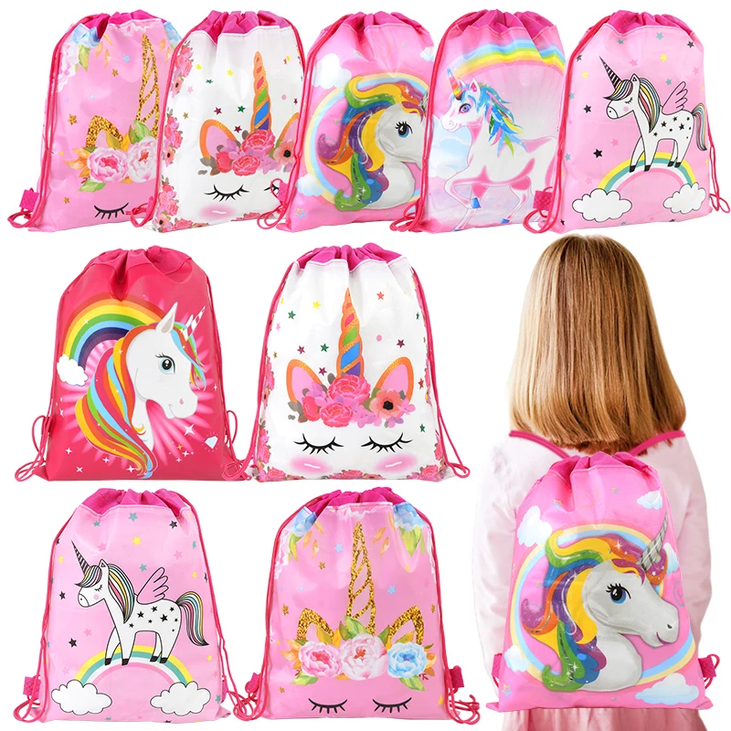 12Pcs Cartoon Unicorn Drawstring Bag Children Girls Unicorn Birthday Party Favors Candy Gift Packaging Supplies School Backpacks