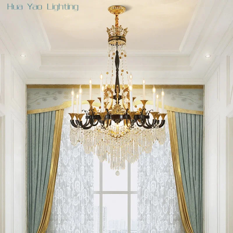 European Rococo Design Brass Crystal Villa Luxury Large Chandelier Creative Black Decor Lobby Duplex Big Pendant Light