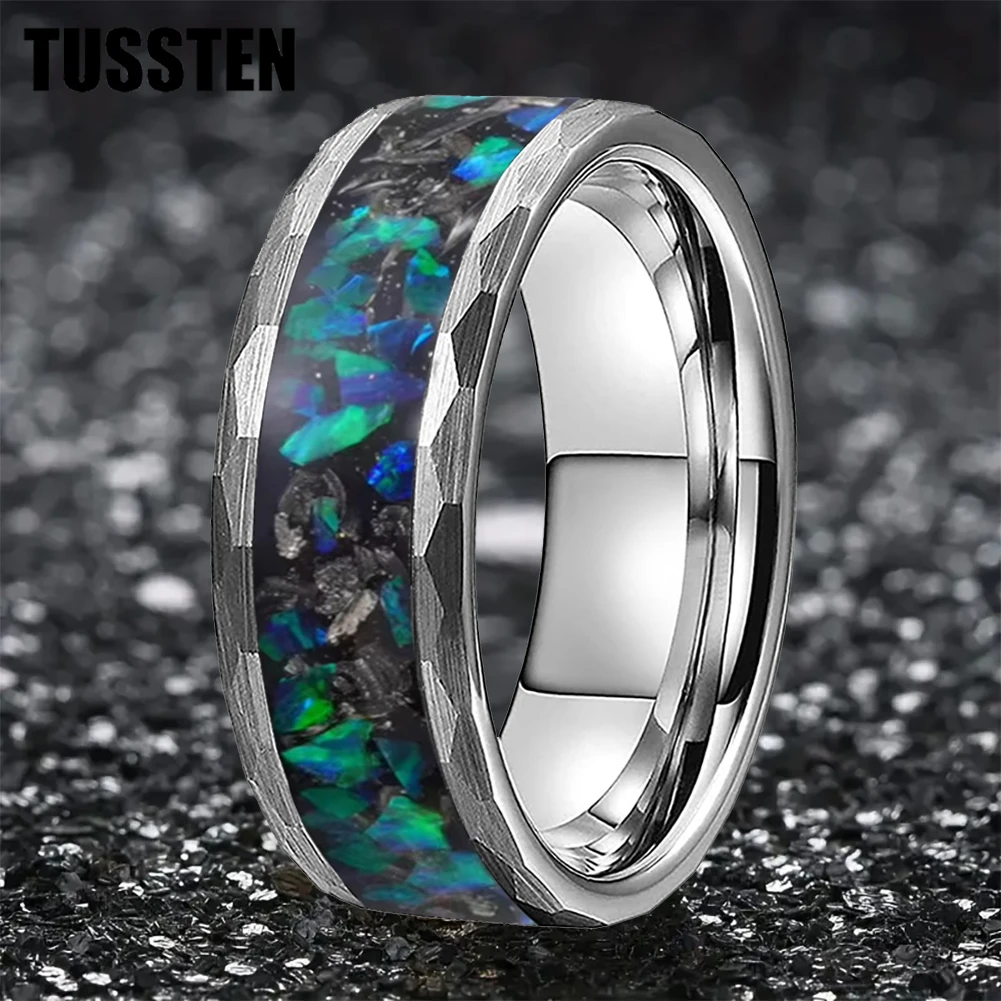 TUSSTEN 8mm Engagement Wedding Band for Men Women Meteorite and Opal Chip Inlay Black Hammered Tungsten Carbide Ring