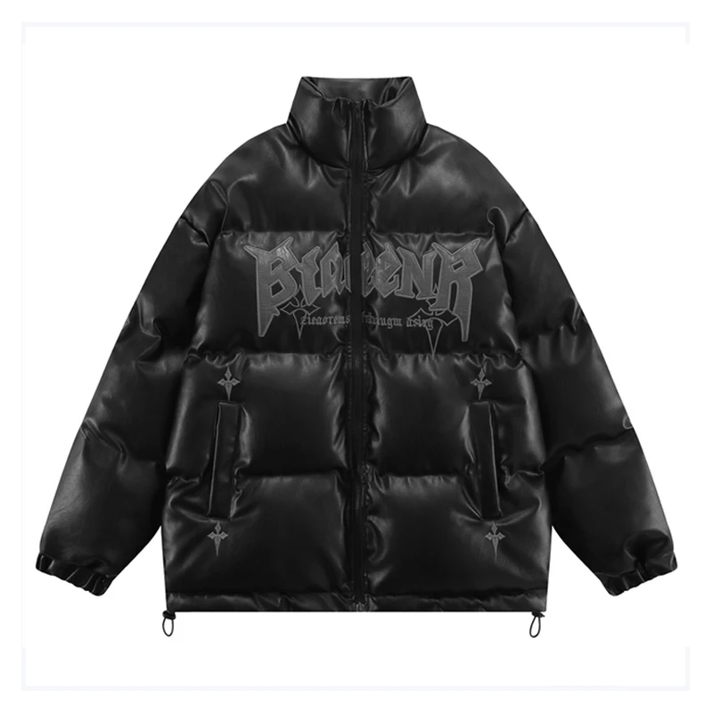 Hip Hop Oversize Padded Jacket Coat Streetwear Retro PU Leather Letter Embroidery Parkas Harajuku 2022 Winter Jacket Men Outwear