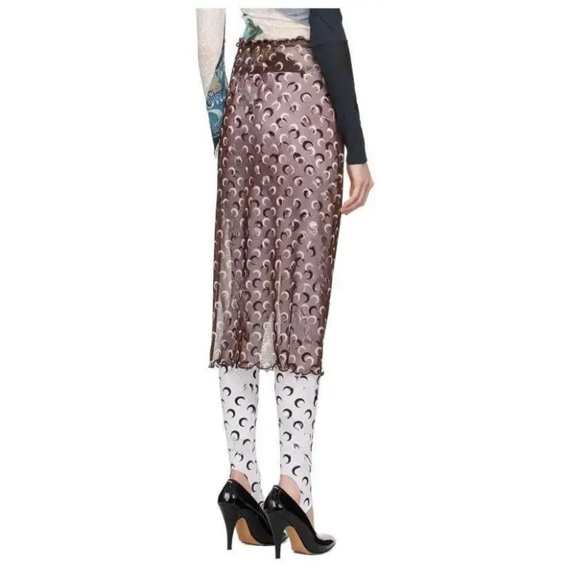 Sexy Mesh Half Skirt Women European American Summer High Street New Moon Printed Perspective Medium Length Lace Versatile Skirt