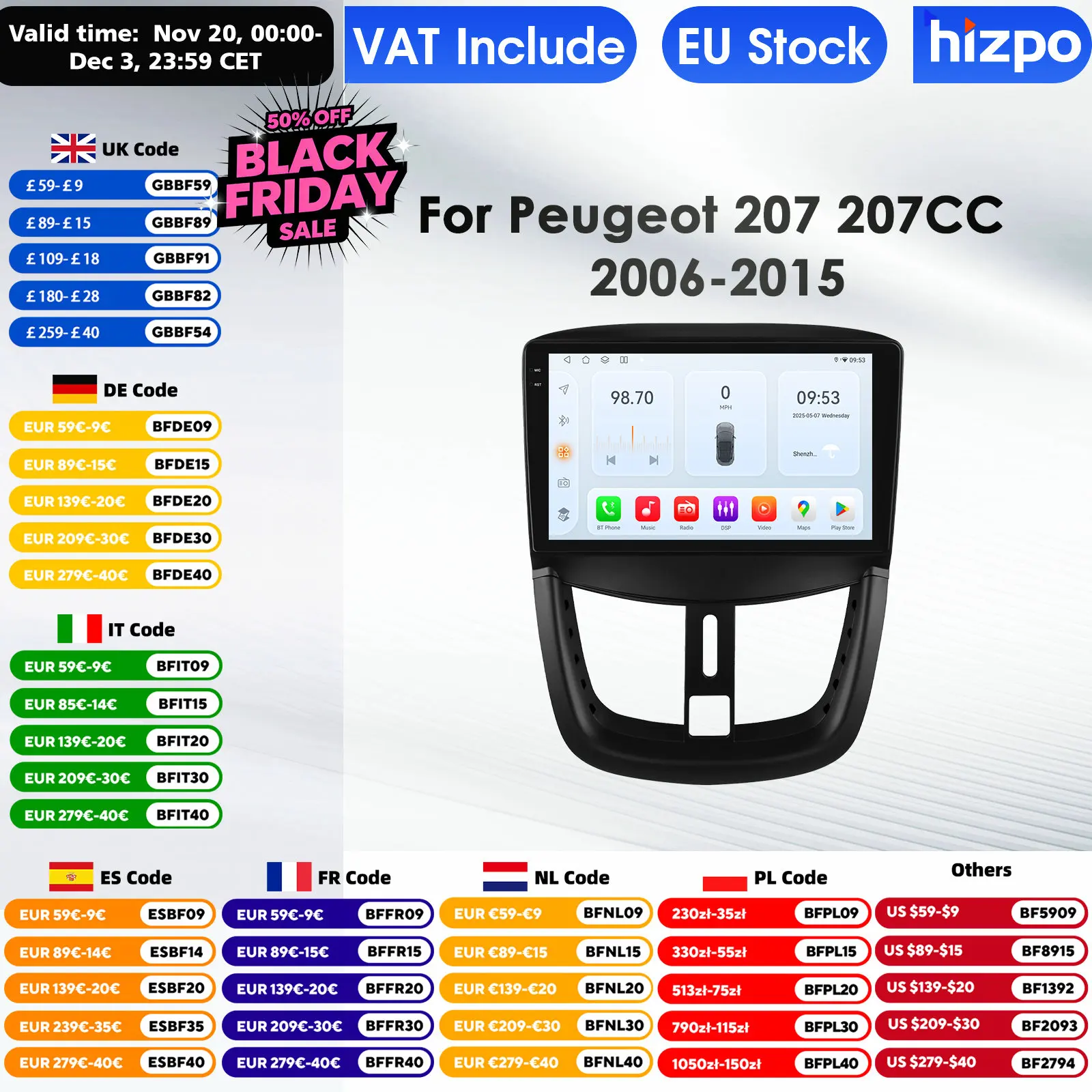 Autoradio Hizpo para Peugeot 207 2006--2015 reproductor Multimedia de Audio CarPlay Android Auto Bluetooth WIFI FM RDS Autoradio AI GPS