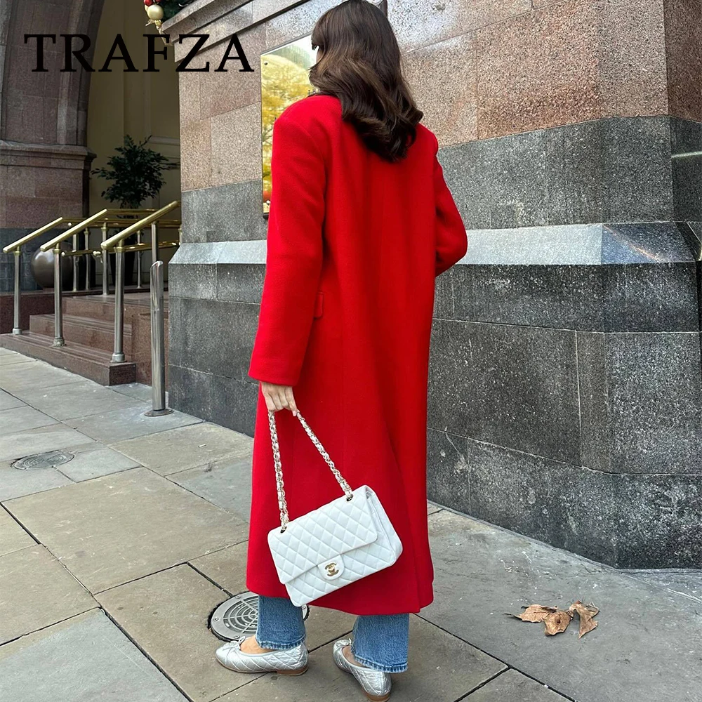 TRAFZA 2024 Autumn Winter Women Casual Long Coats Fashion Streetwear Solid Turn Down Collar Single Breasted Elegant Long Jackets