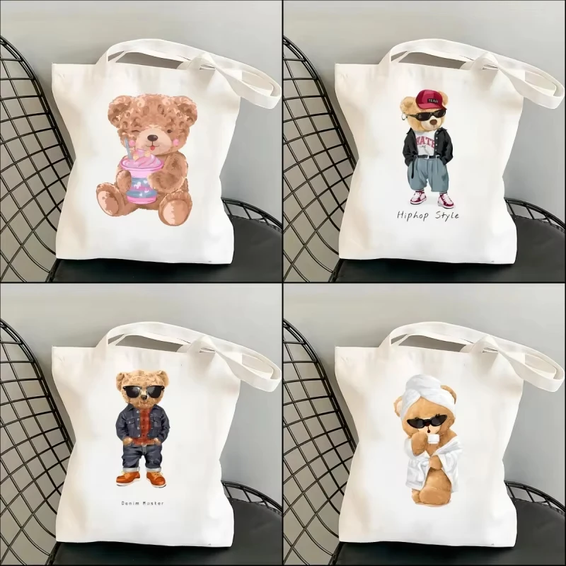 

Harajuku Cute Bear Printed Art Shoulder Bags Kawaii Fashion Tote Handbag Canvas Women's ECO Large Capacity Portable Shopping Bag