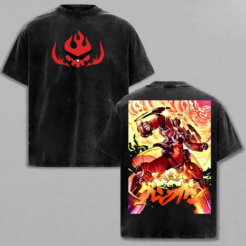 Retro Washed Harajuku Fashion Loose Casual Oversized Top Anime Kamina Tengen Toppa Gurren Lagann Graphic Print T-shirt MenWomen