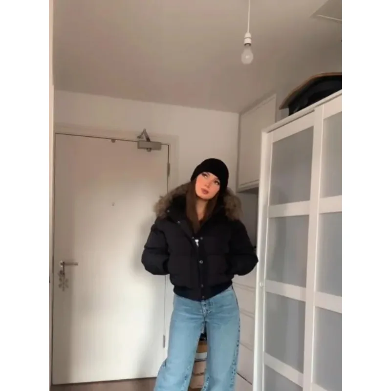 

Hoodie Cotton Jackets Women Thicken Long Sleeves Zipper Detachable Fur Coats Female 2025 Winter Chic Fashion Solid Outwears