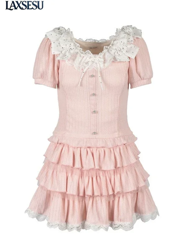 Womens Two Peice Sets Summer Japanese Style 2026 New Cute and Sweet Short Sleeve Top with High Waist Skirt Set for Girl