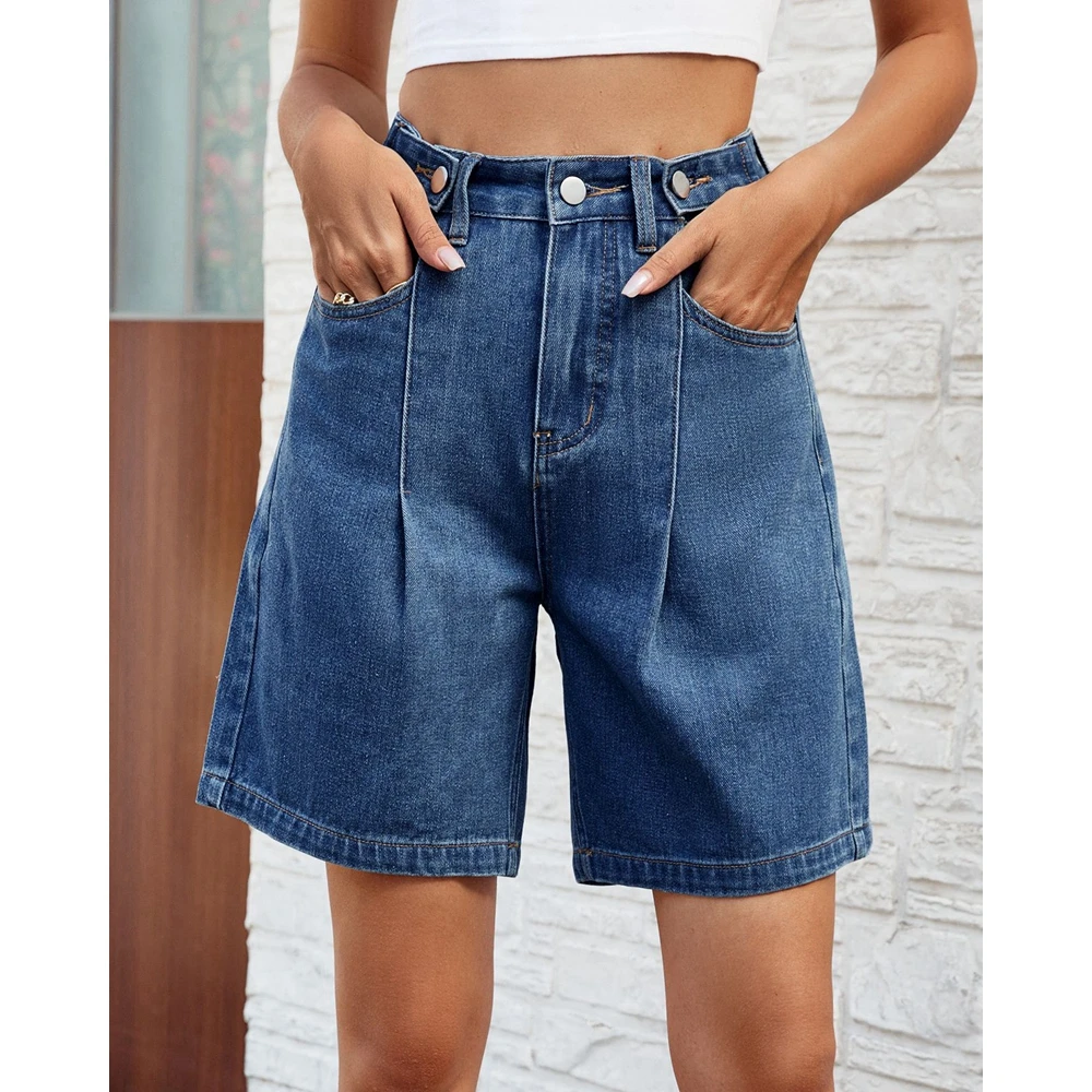 الصيف النساء الخصر غسلها الدينيم السراويل أزياء Ruched مستقيم الساق الجينز جيوب السراويل القصيرة