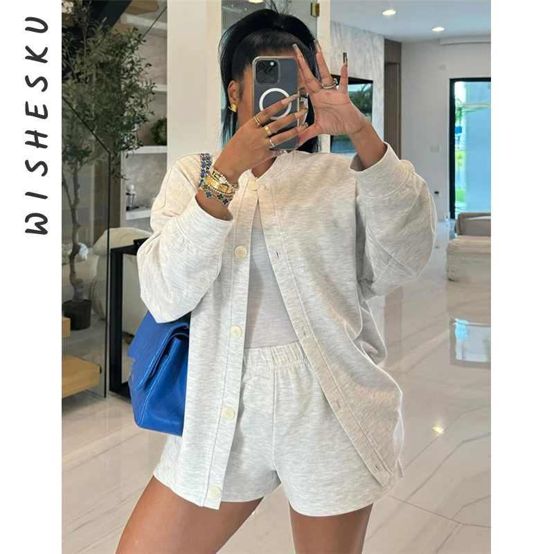 

2 Piece Set Women Tracksuits Vintage Single Breasted Long Sleeve Cardigan Top+High Waist Shorts Outfits 2024 Spring Fall