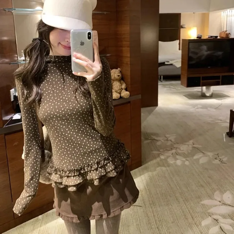 Women New Korean Temperament Autumn and Winter New Thin and Age-reducing Floral Warm Inner Top + Bow Vest Two-piece Trendy Set