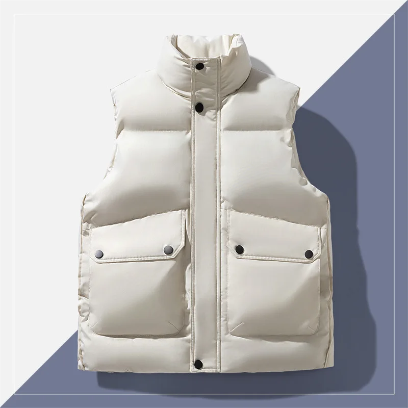 Winter Man Down Vest Thicken Warm Stand Collar Male Waistcoat Simple Solid Color Sleeveless Daily Versatile Men Coat