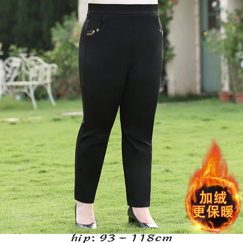 

High quality winter warm pant for women plus size plush lining elastic waist new 2023 slim office trousers - black