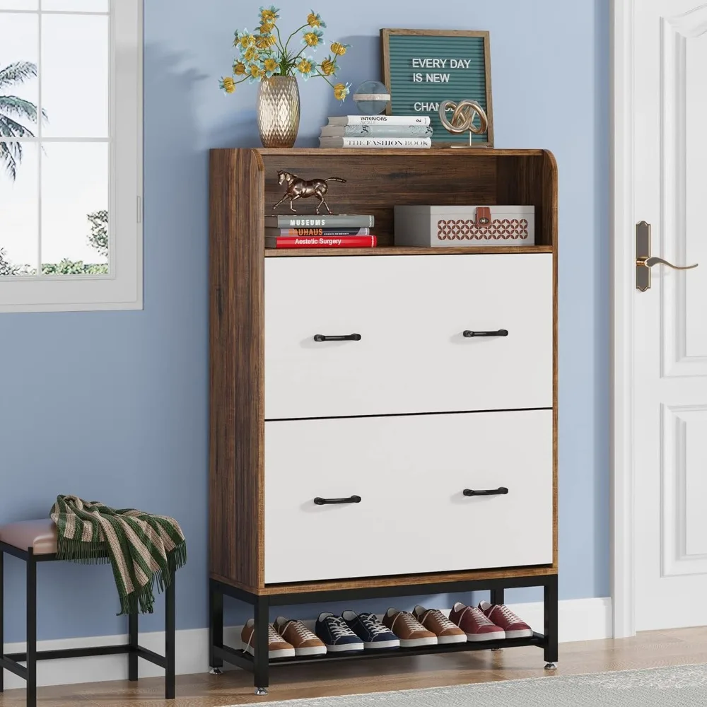 With 2 Clamshell Drawers, Modern Flip Shoes Locker, 28 Pairs of Freestanding Shoe Racks with Shelves, Rustic Brown