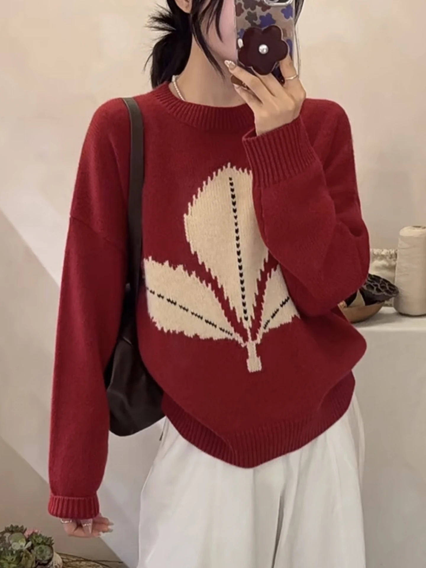 

Женский вязаный свитер из 100% мериносовой шерсти с круглым вырезом, жаккардовый пуловер с листьями, теплый приятный для кожи топ, модная осенне-зимняя одежда