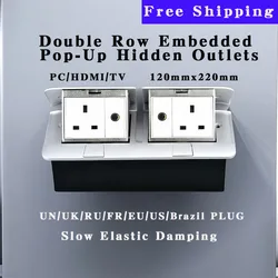 120mmx220mm Double Row Embedded Pop-Up Hidden Outlets UN/UK/RU/FR/EU/US/Brazil Plug With PC/HDMI/TV Slow Elastic Damping Socket