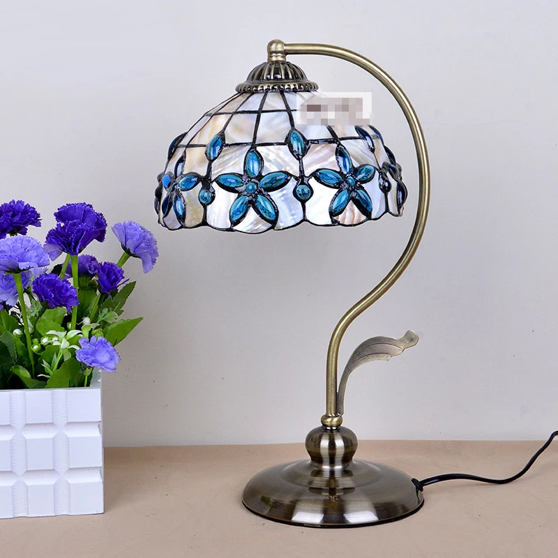 SGROW European Classica Pastoral Table Lights Blue Lilac Shell Desk Lamp for Bedroom Study Room Lampada da tavolo Led Light