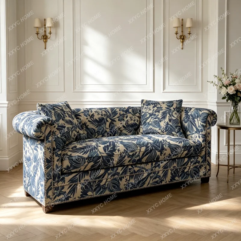 Retro denim blue printed buckle fabric sofa living room B & B coffee shop double triple sofa