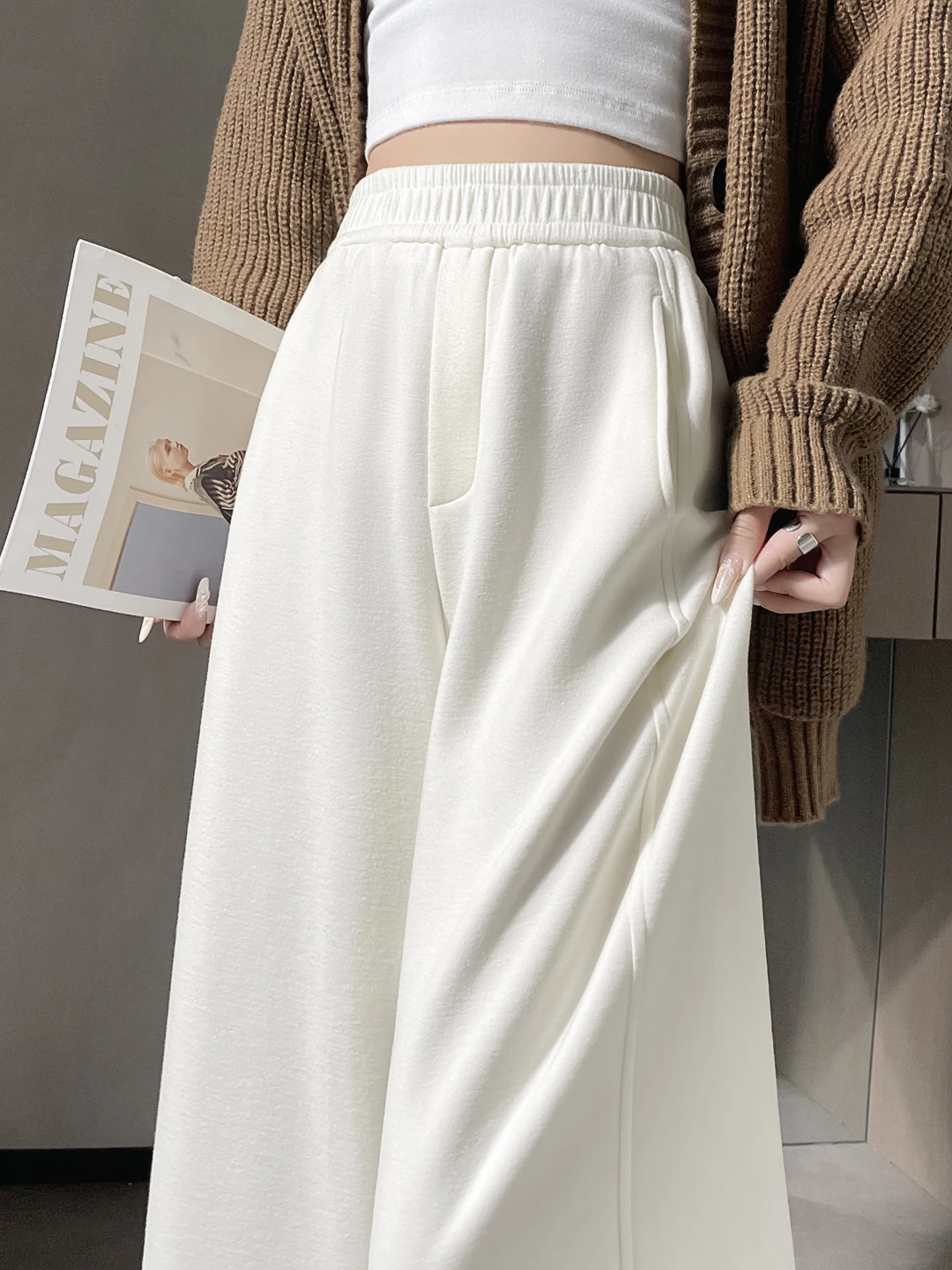Damskie spodnie z wysokim stanem i szerokimi nogawkami, dzianinowe, ocieplane polarem, codzienne spodnie typu ryżowe makaroniki, miękkie, luźne spodnie do ziemi.