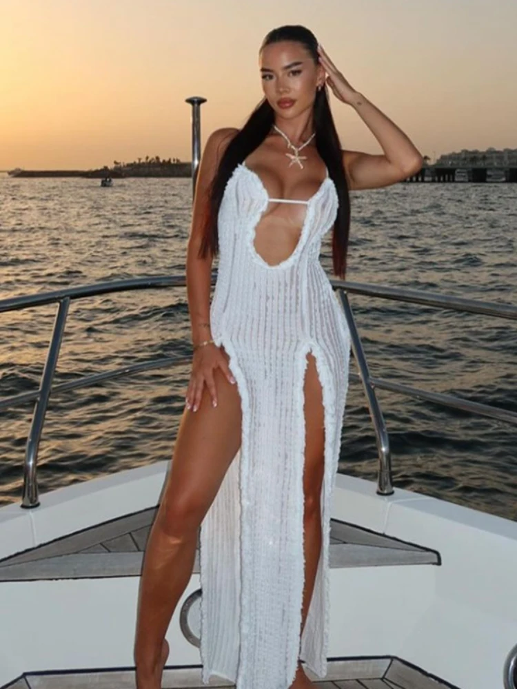 

XIZOU Summer Sexy Beach Dress Sleeveless Backless Low Cut See Through High Split Bodycon Dress Female Club Vocation Vestidos