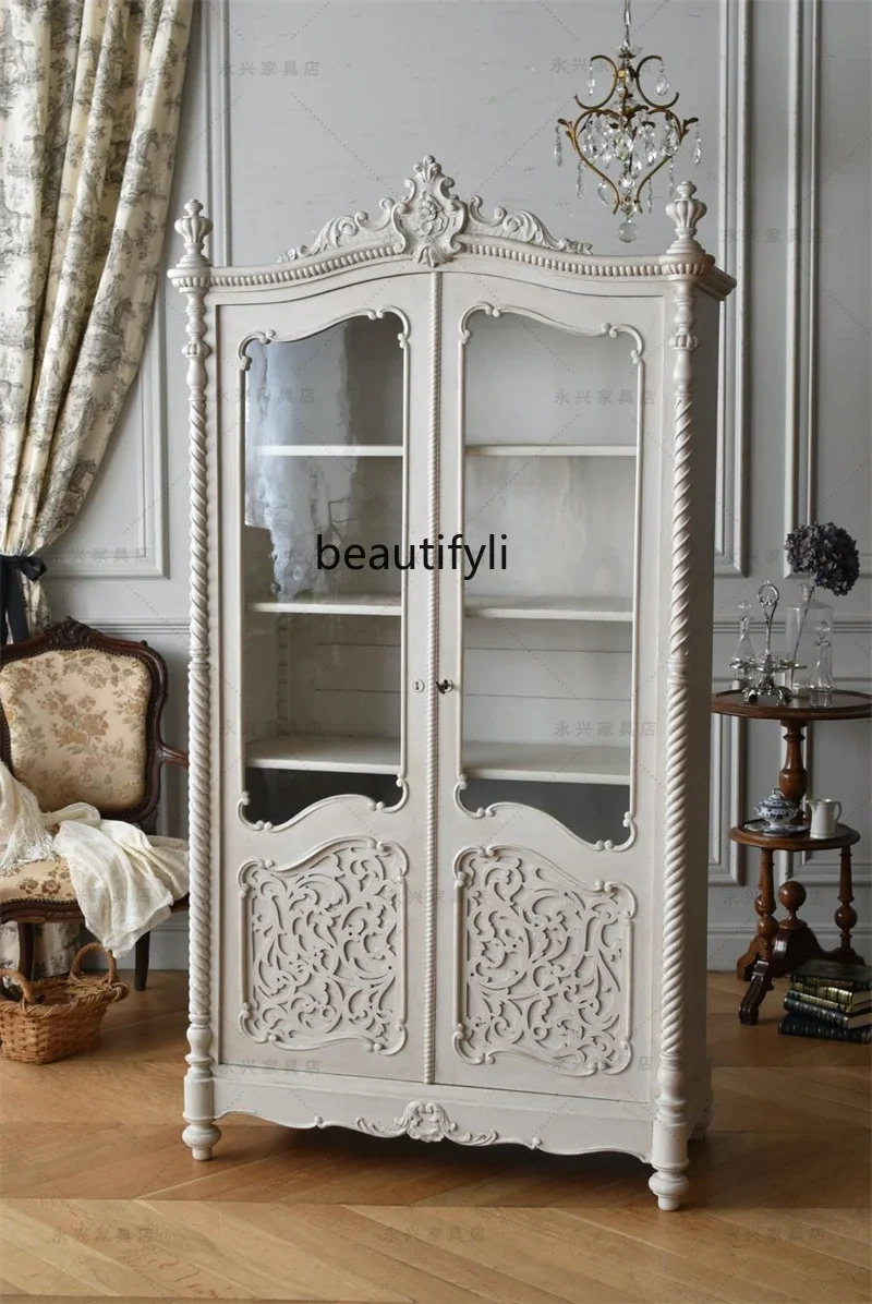 

ssK178 French solid wood dining side cabinet, European carved Roman column storage display cabinet, living room retro bookcase