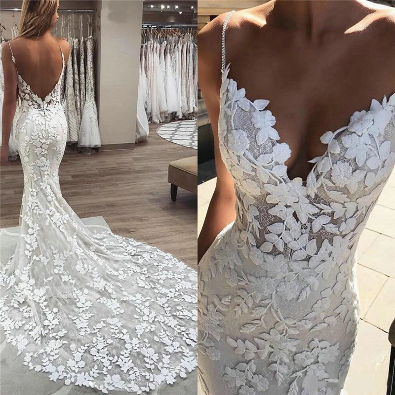 

Boho Lace Appliques Wedding Dress Mermaid Bridal Dresses 2024 Spaghetti Straps Backless Beach Bridal Gowns Vestido De Noiva