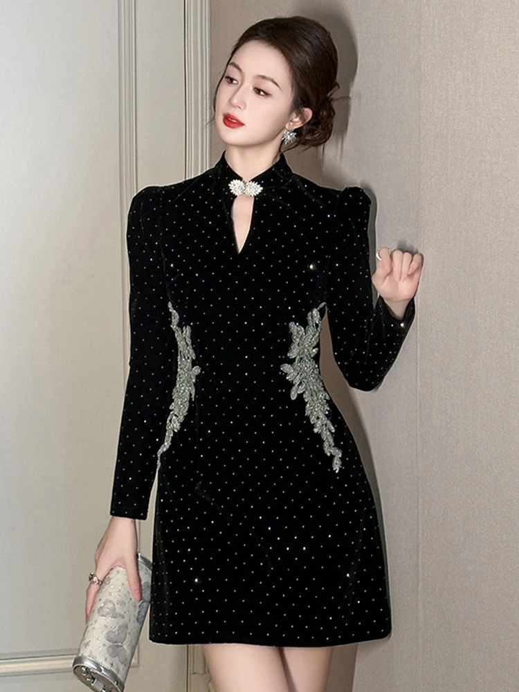 Women Clothes Chinese Style Black Stand Neck Slim Short Dress Elegant Luxury Lady Fashion Party Prom Vestido Formal Occasion New
