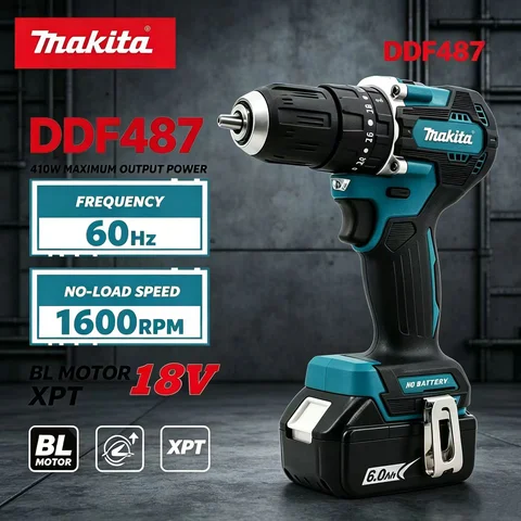 Furadeira/Parafusadeira sem fio Makita DDF487 18V LXT com motor sem escovas, leve, com bateria de lítio, para trabalhos domésticos, oficinas, perfurações e fixações.
