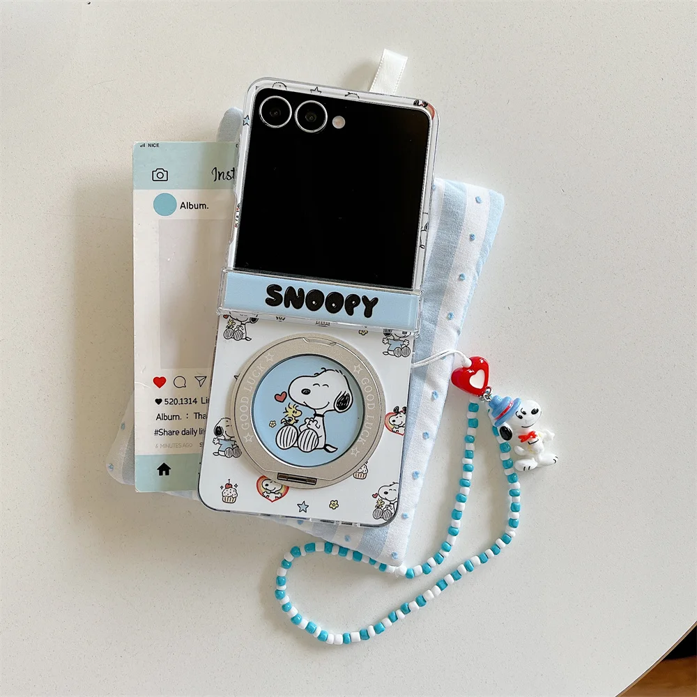 Urocze etui na telefon z kreskówkowym Snoopy dla Samsung Galaxy Z Flip 7 6 Z Flip 7 6 5 4 flip 6 7FE z obrotową podstawką i łańcuszkiem, obudowa Capa — zdjęcie produktu 6