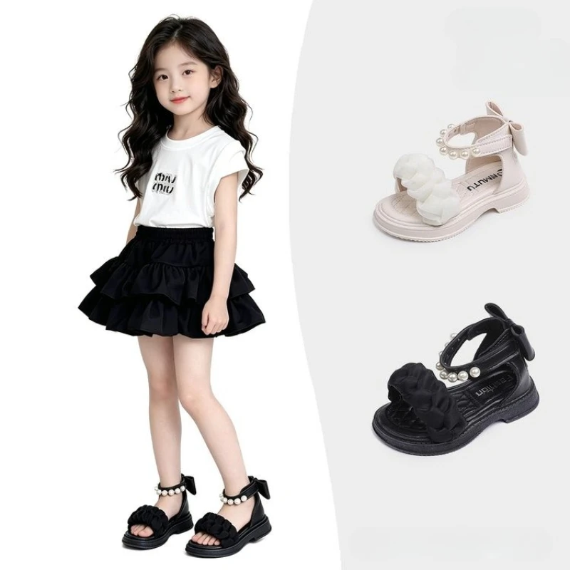 Summer Kids Princess Pearl Gladiator Sandals New Braided Strap Children Bow Roman Sandals Ankle Strap Open Toe Girls Dress Shoes