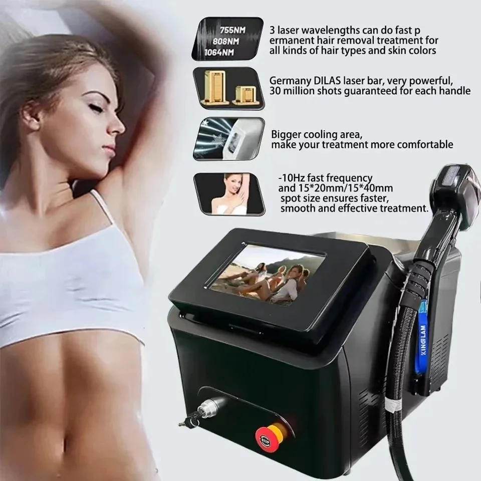 

Diode Laser755 808 940 1064nm Multi Wavelengths Hair Removal Machine Cooling Head Painless Laser Epilator Face Body Hair Removal