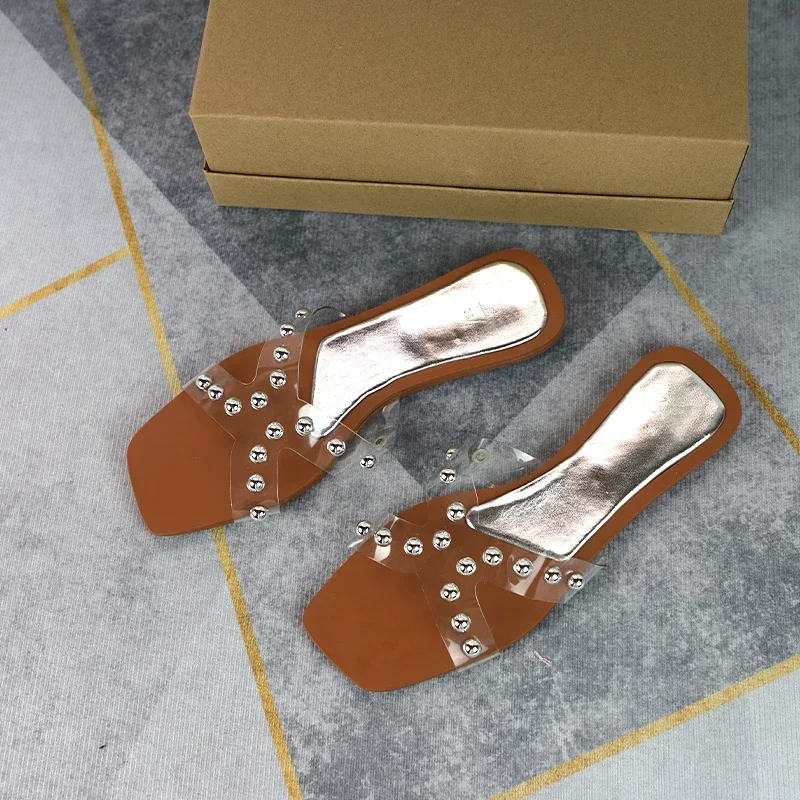 

Transparent PVC Flat Slippers for Women 2025 Square Toe Outdoor Fashion Cross Design Female Slides Plus Size Summer Beach Shoes