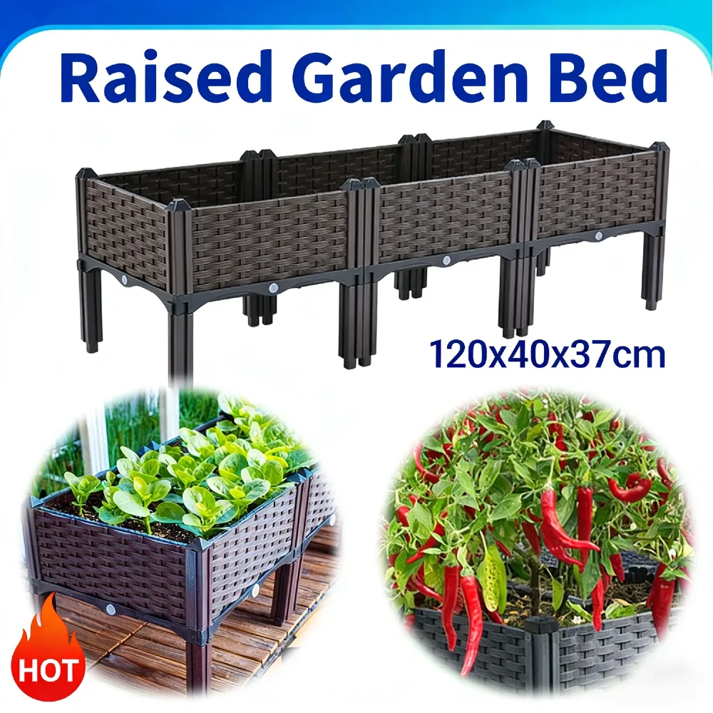 

Raised Garden Bed with Legs Drainage Holes Self-Watering Tray Weather-Resistant Plastic Planter Box for Indoor Outdoor Plants