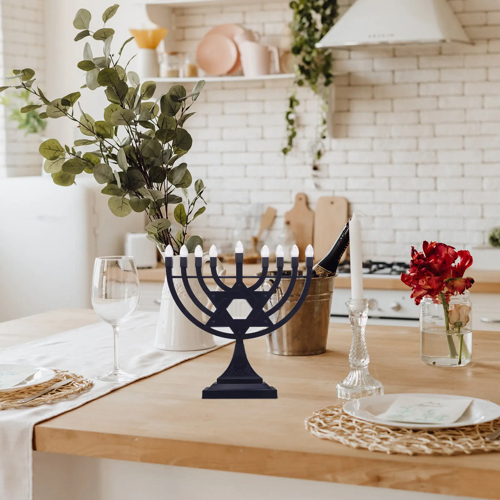 

Electric Menorah 9 Branch Operated USB Rechargeable Flameless Chanukah Table Centerpiece Jewish Holiday