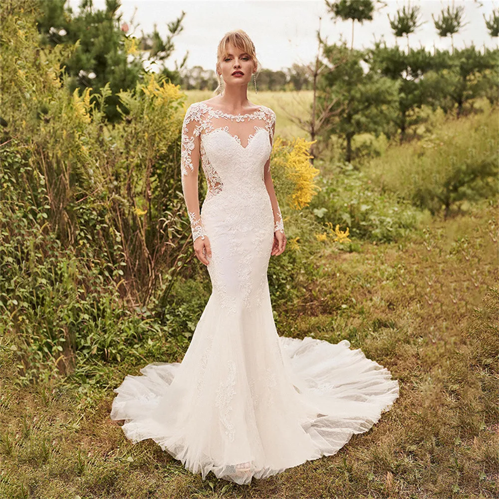 Hochzeitskleid-vestido de novia de sirena con cuello redondo, con apliques de encaje, manga larga, botones en la espalda, hecho a medida