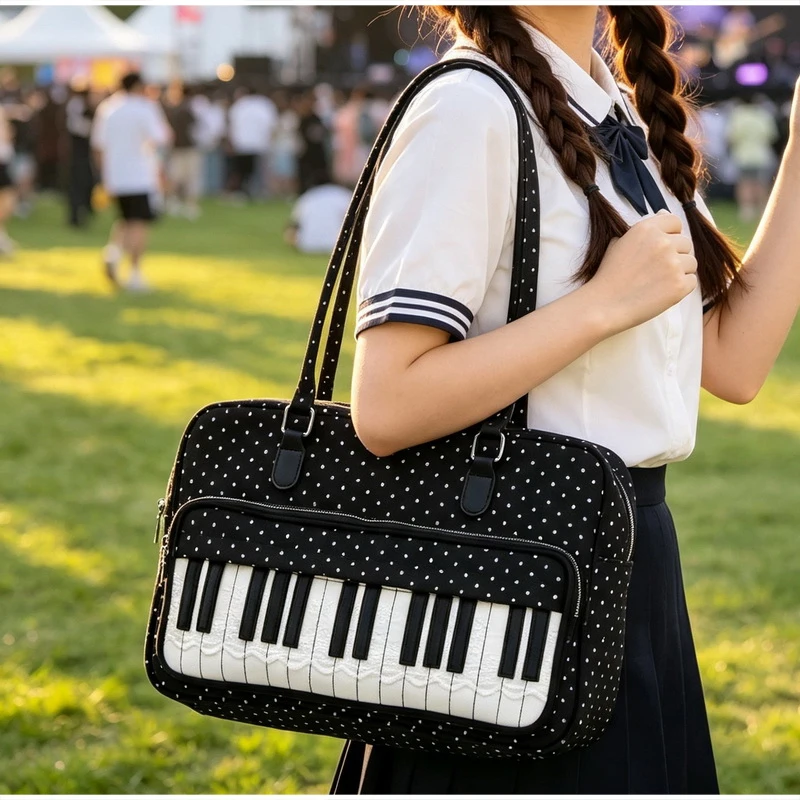  Polka Dot Piano Key Schultertasche, Damen Bowling Nylon Handtasche, Y2k Teenager Mädchen Große Kapazität Pendel- und Reisetasche, Süße Niedliche Tragetasche – Detail 12