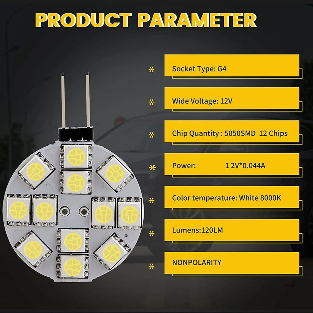 RV Camper LED Puck Lights Lâmpadas, Base lateral do pino, Redonda, Luz de leitura doméstica, Branco, G4, 5050, 12SMD, 12Pcs