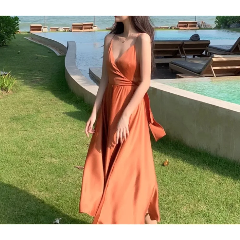 Elegant Sexy Backless High Waist Pleated Slip Dress Fairy A-line Summer Beach Vacation Vestidos Slim Women Evening Party Dress