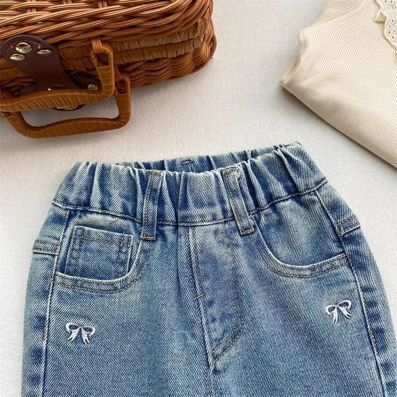 Girls' pants spring and autumn 2025 new baby fashion foreign exquisite embroidery bow flared pants jeans
