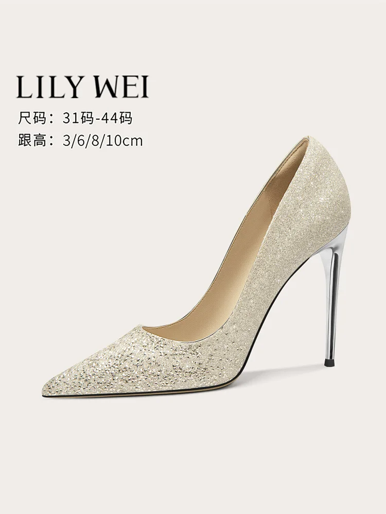 

Spring new shallow sequins wide version low-heeled wedding shoes fine high-heeled banquet large size small size women's shoes
