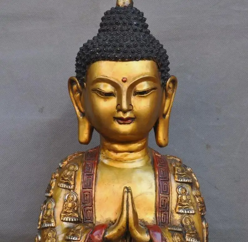 16'' Tibet bronze Paint Gilt pray Shakyamuni Sakyamuni Shakya Mani Buddha Statue