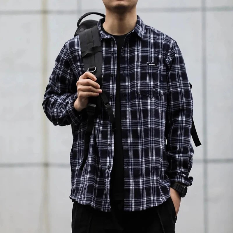 Chemise à carreaux Vintage pour hommes, chemisier ample à simple boutonnage, décontracté, Streetwear américain Y2K, manches longues, hauts à revers, nouvelle collection printemps