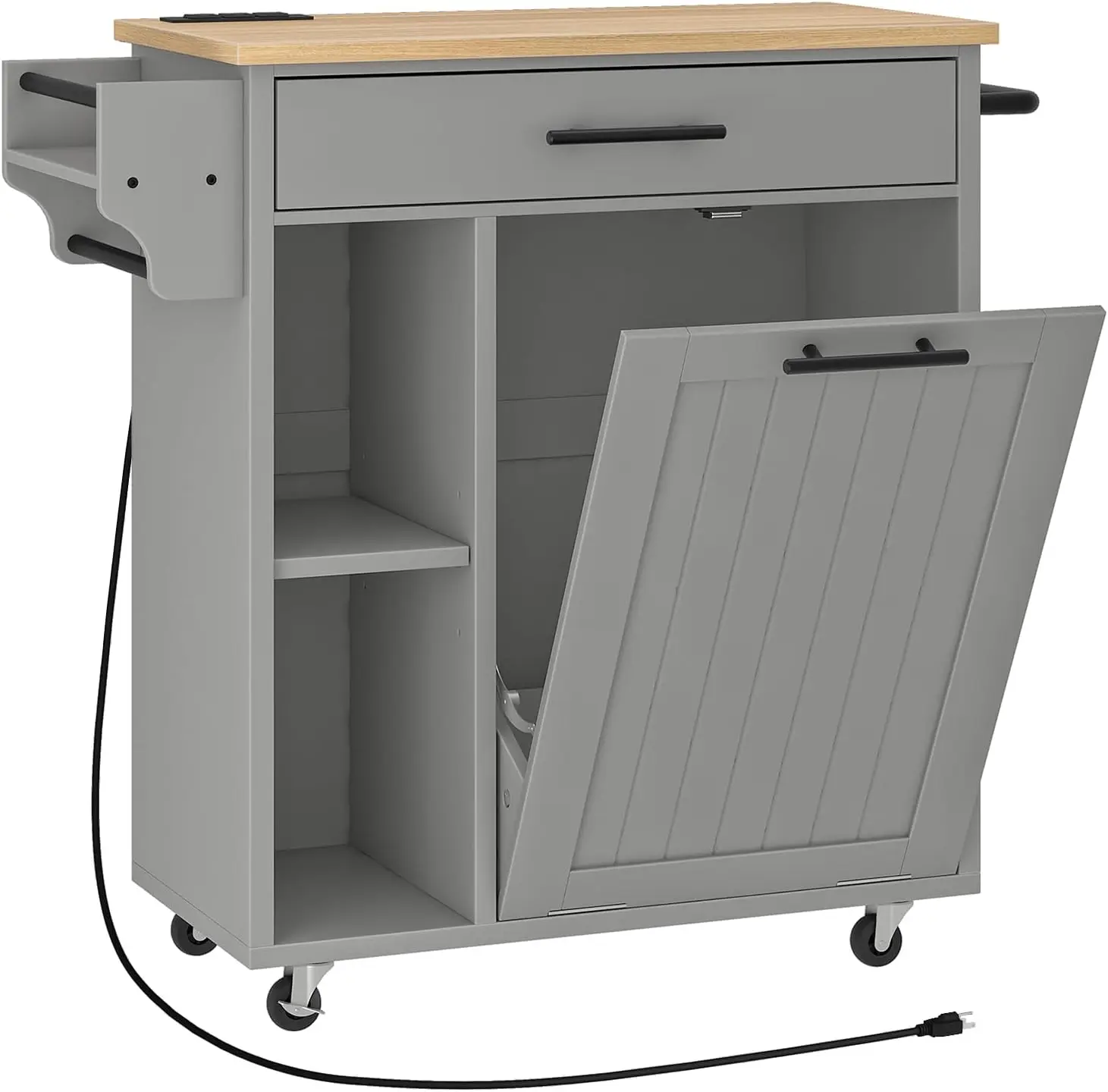 Kitchen Island with Trash Can Storage, Rolling Kitchen Island on Wheels, Mobile Island Cart with Power Outlet, Islands Table
