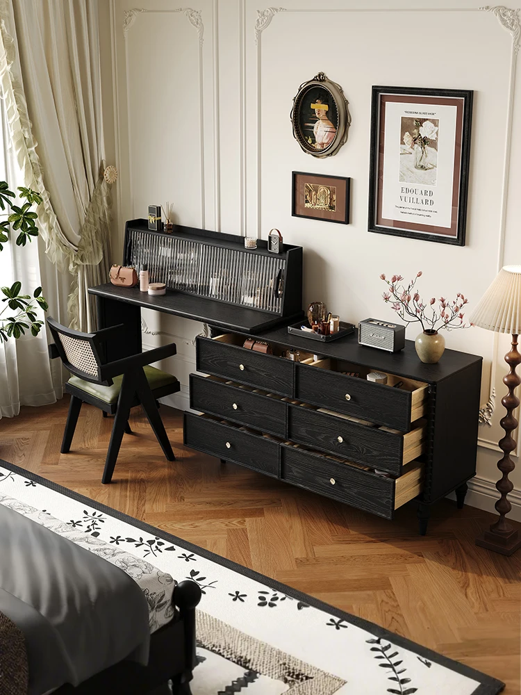

French retro black solid wood dresser chest cabinet integrated small apartment master bedroom storage cabinet retractable makeup