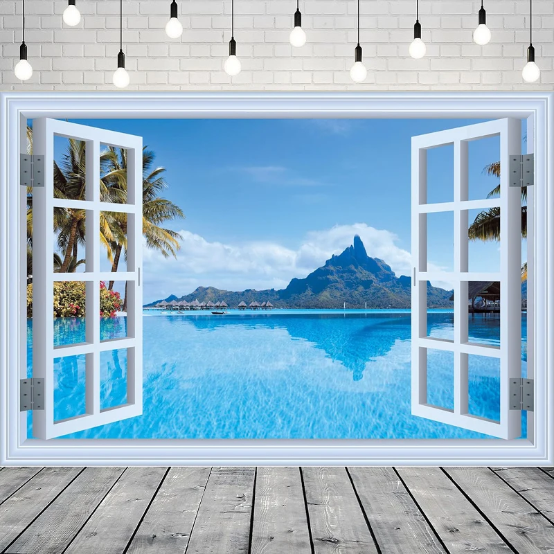 Tropical Island Photography Backdrop Window View Coconut Trees Sea Waves Beach Background Wedding Party Backdrop Wall Banner