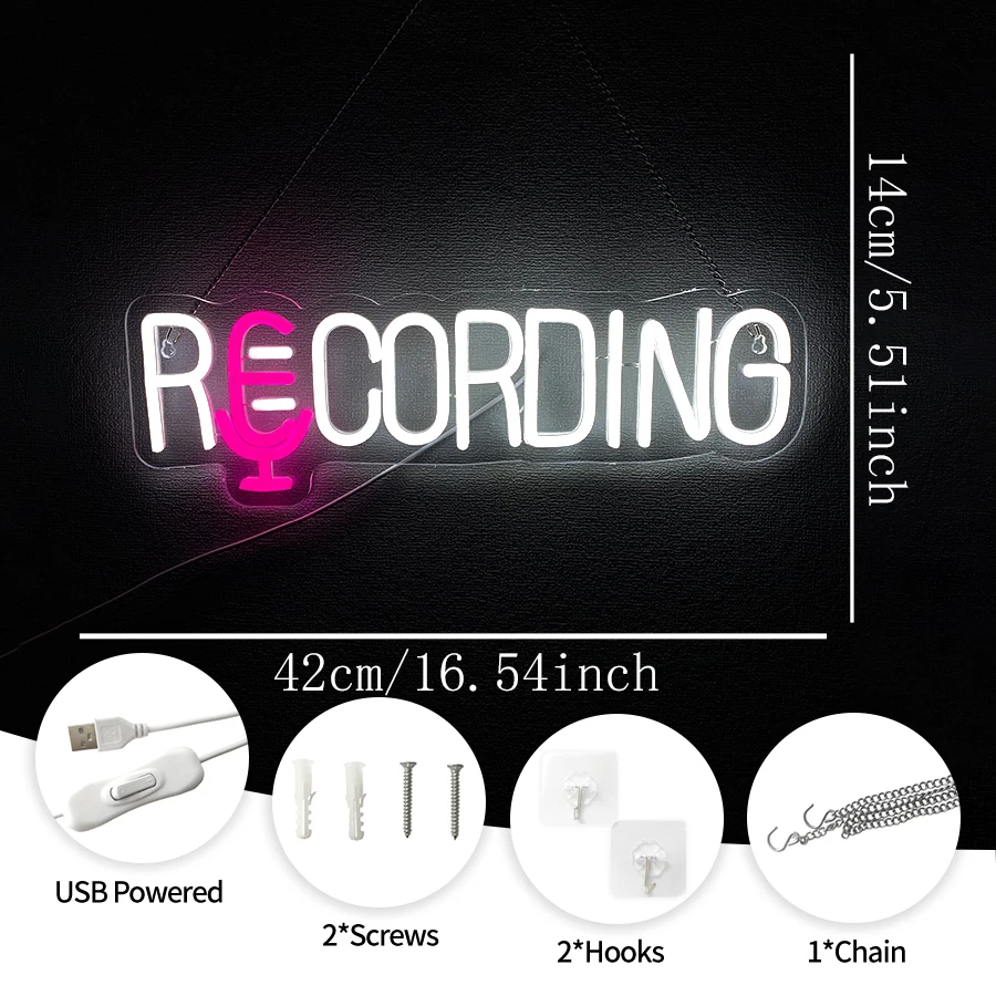 Recording Neon Sign For Wall Decor,Led Neon Light For Recording Room,Music Studio,Bedroom,Living Room,Game Room Decor,Man Cave